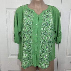 One World Live And Let Live Bright Green Paisley 3/4 Sleeve Button Down Top